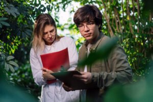 young agricultural engineers working in greenhouse